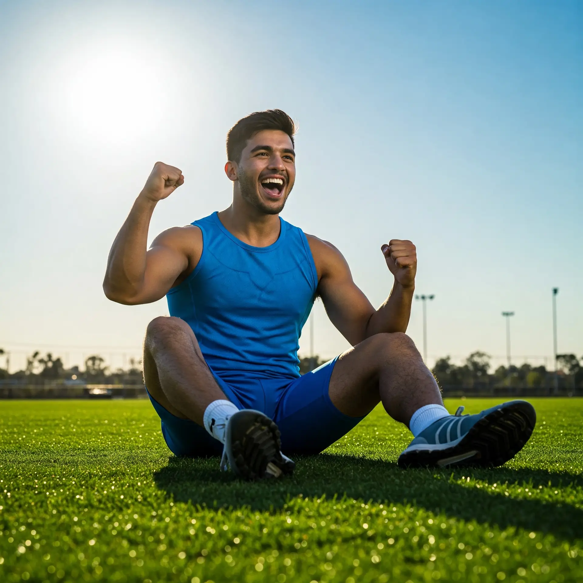 Een juichende, lachende atlete op een atletiekbaan, met haar vuisten gebald. Ze draagt een oranje sport-bh en short en staat onder de stadionverlichting.