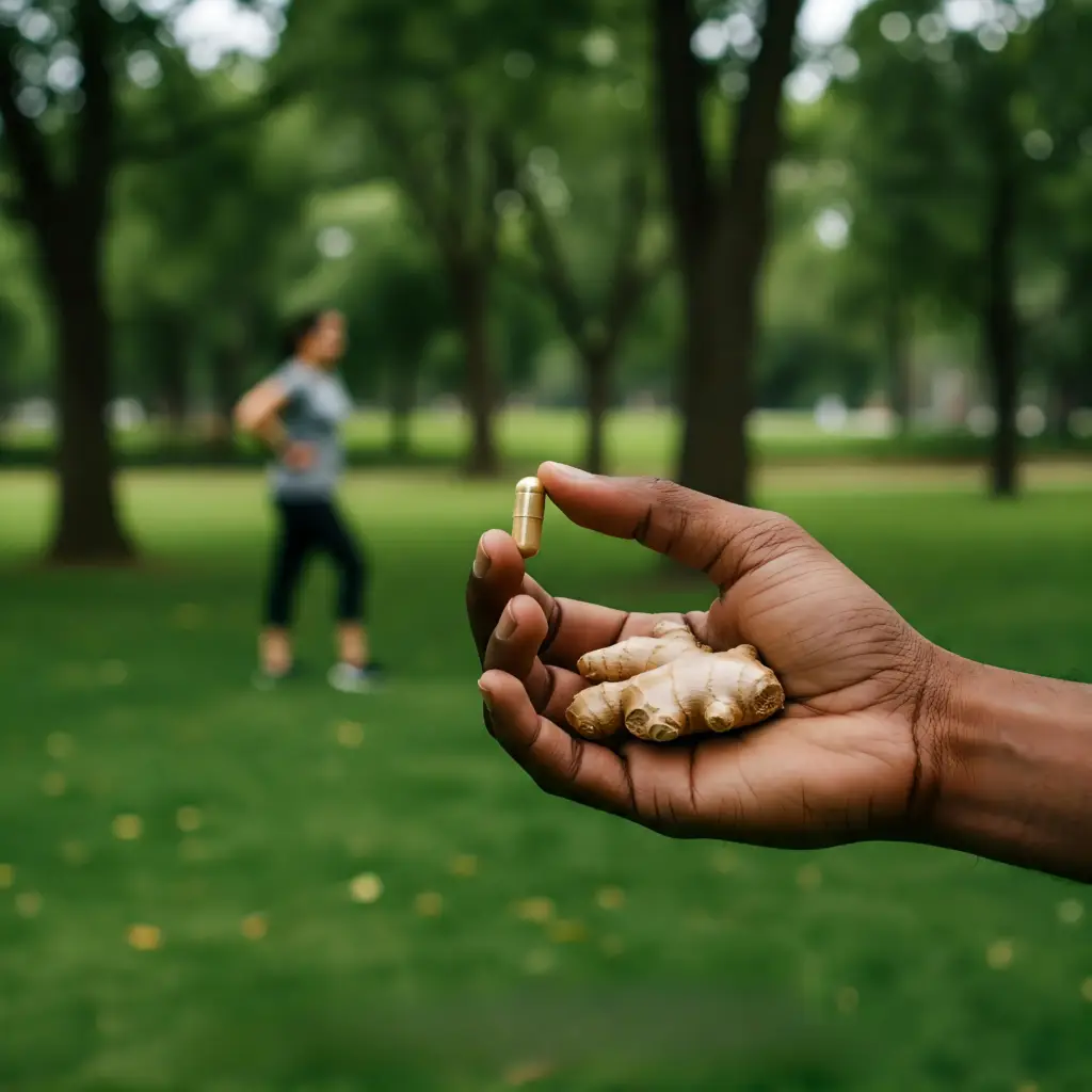 Gros plan sur une main tenant une racine de gingembre frais et une capsule de gingembre dorée. À l'arrière-plan flou, on aperçoit un parc et un joggeur.