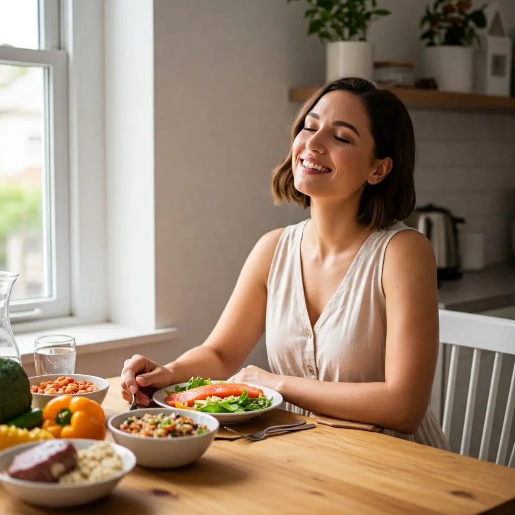 A smiling woman with her eyes closed sits at a kitchen table with a plate of salad and several bowls of healthy food in front of her. The table is set with a water jug ​​and cutlery.