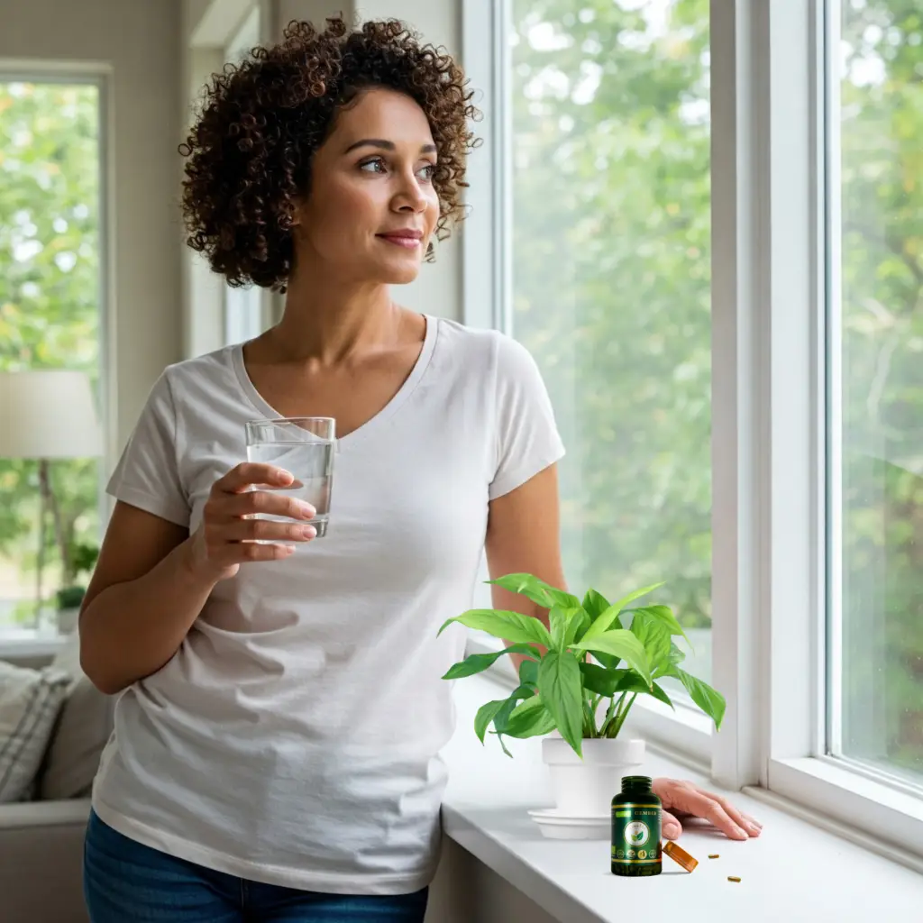 A woman with curly hair, dressed in a white T-shirt and jeans, stands at a window looking outside while holding a glass of water. On the windowsill are a green houseplant and a bottle of Tinella's organic ginger capsules with a few loose capsules.